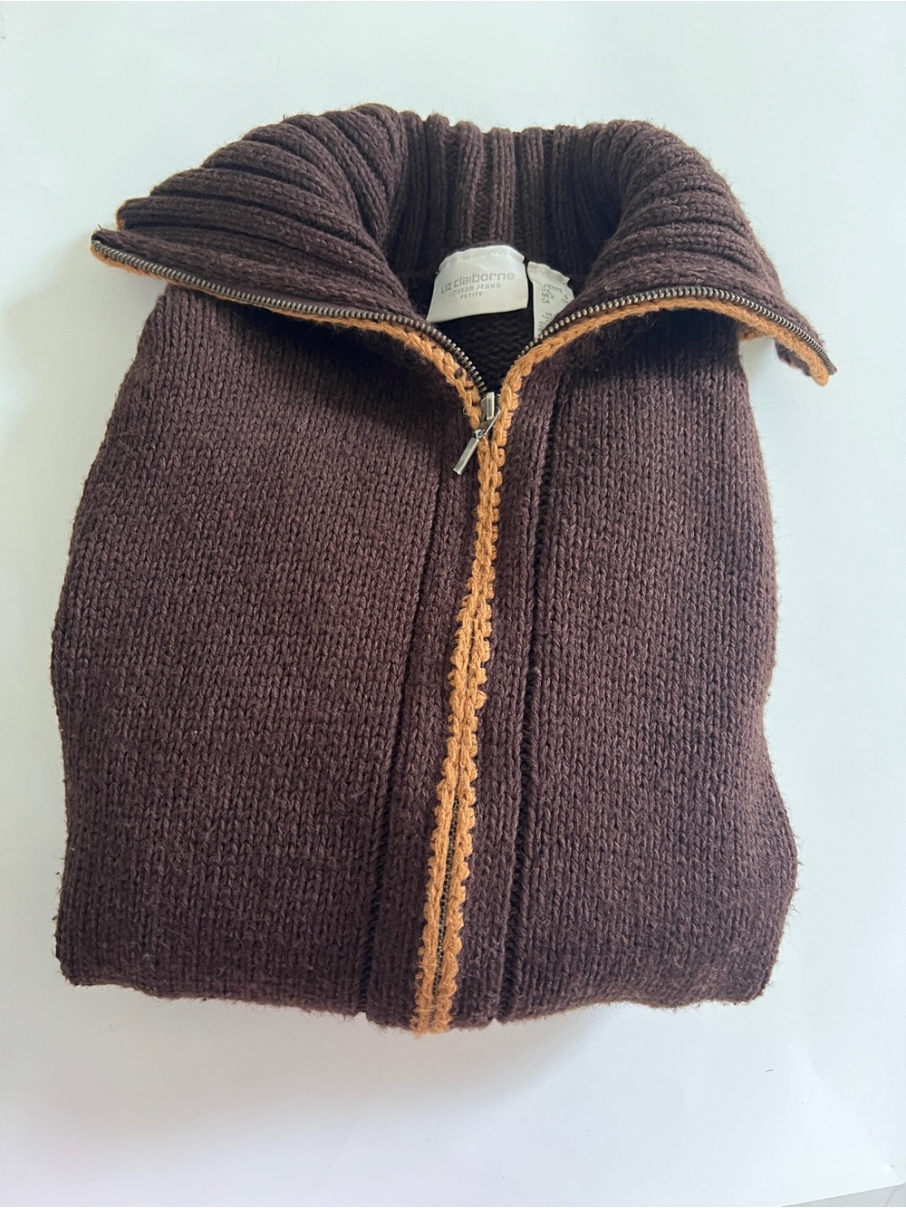 Liz Claiborne Chocolate Brown Zip-Front Knit sweater with Tan Trim with pockets